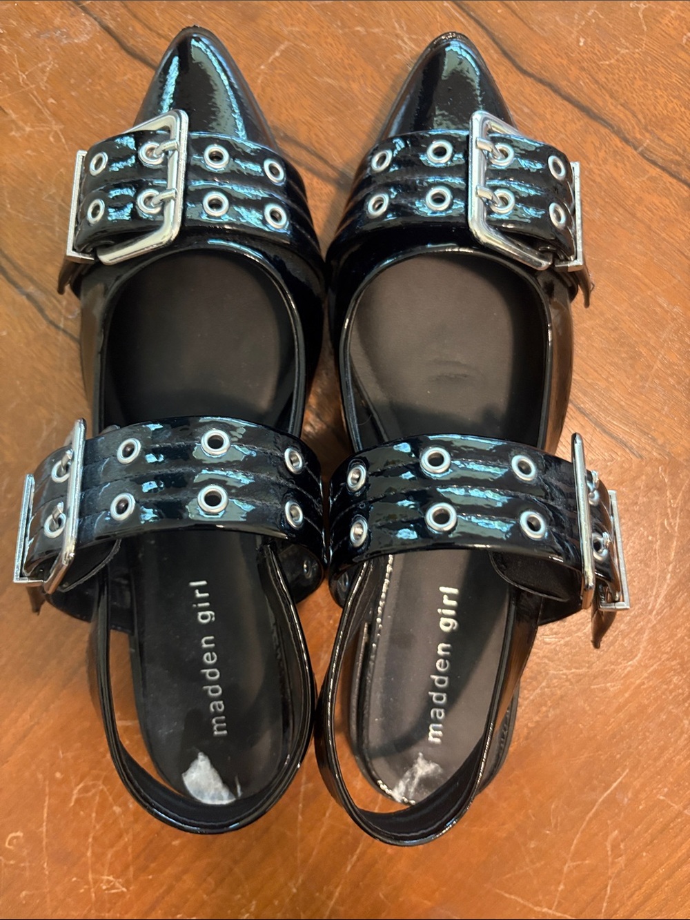 Madden Girl Black Patent Double Buckle Slingback Flats